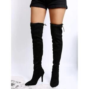 Aldo Black Faux Suede Thigh High Stiletto Boots Women's 9 Side Zip Pointy Toe